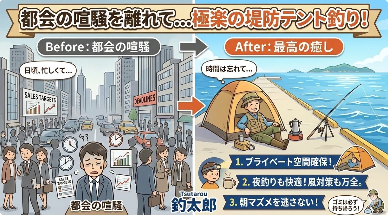 堤防テントが都会派アングラーにウケる理由 。 大自然を独り占めできるプライベート空間.釣太郎