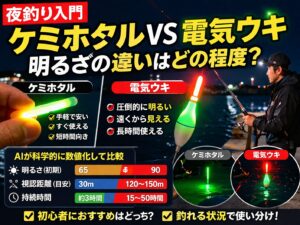 ケミホタルは「最初だけそこそこ明るいが、徐々に落ちる光」。電気ウキは「長時間、強く、安定して見える光」。AI数値化では、総合視認性能はケミホタル100に対し、電気ウキは250〜400くらい。釣太郎
