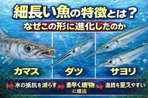 細長い魚の体は、水の抵抗を減らし、直進性を高め、表層の小魚を追うのに向いています。カマスやダツが鋭い印象に見えるのは、捕食に特化した流線形だから。釣太郎