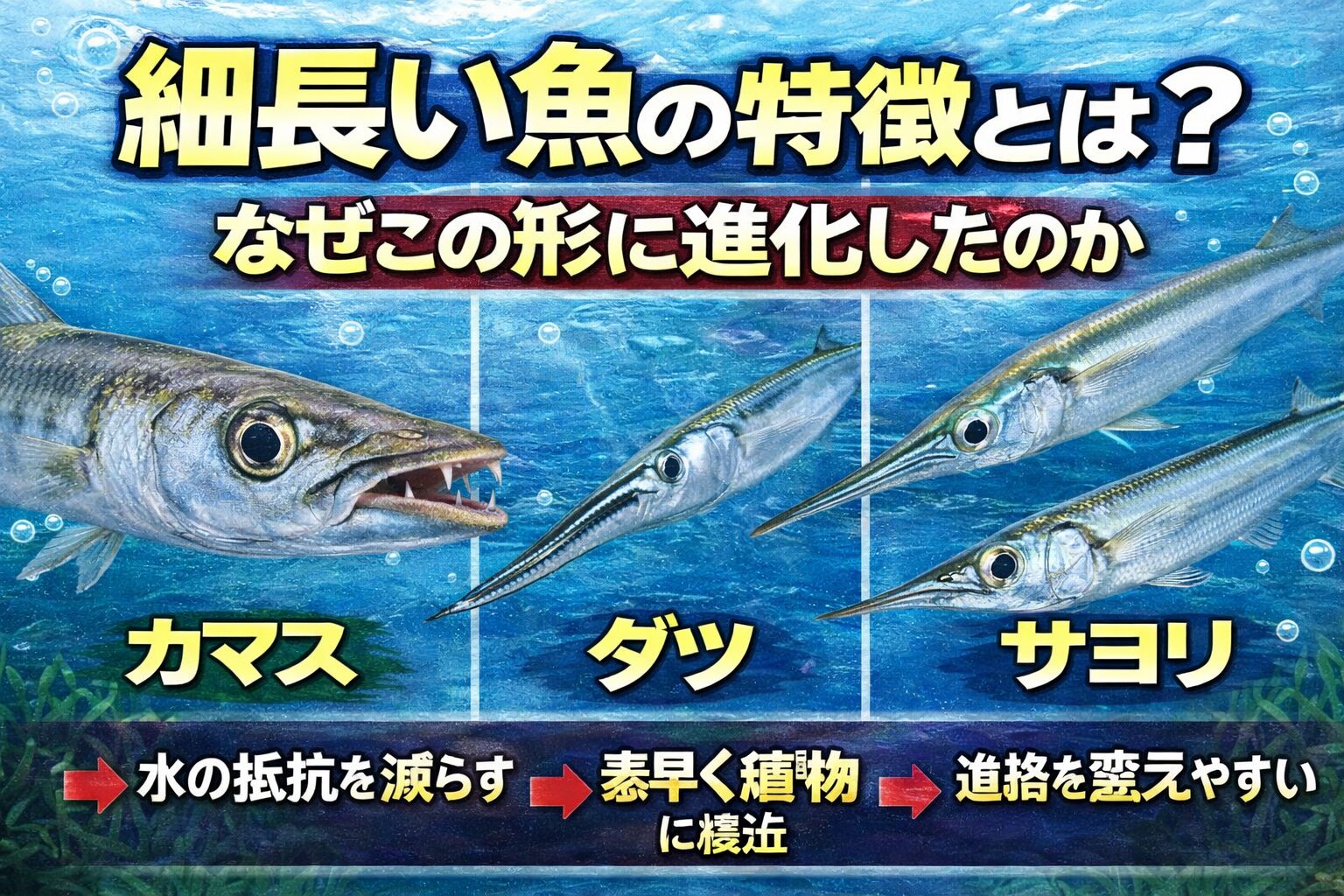 細長い魚の体は、水の抵抗を減らし、直進性を高め、表層の小魚を追うのに向いています。カマスやダツが鋭い印象に見えるのは、捕食に特化した流線形だから。釣太郎