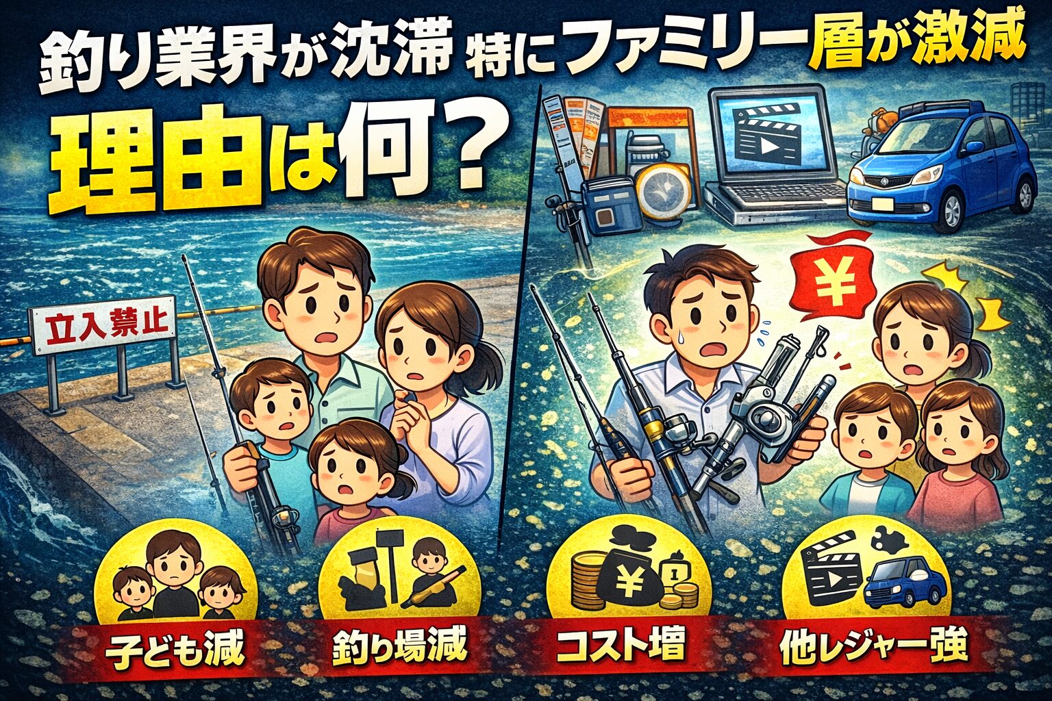 釣りのファミリー釣り市場が萎んだのは、子どもの減少。安全で気軽な釣り場の減少。お金と手間の増加。動画や旅行など他レジャーの台頭。釣太郎