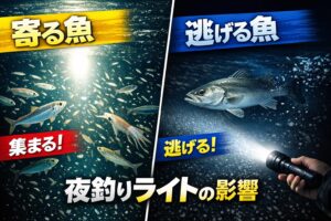 夜釣りのライトで集まる魚は、光の先にあるエサを追う魚。逃げる魚は、 暗さそのものを武器にしている魚、または急な光を危険と感じる警戒心の強い魚。釣太郎