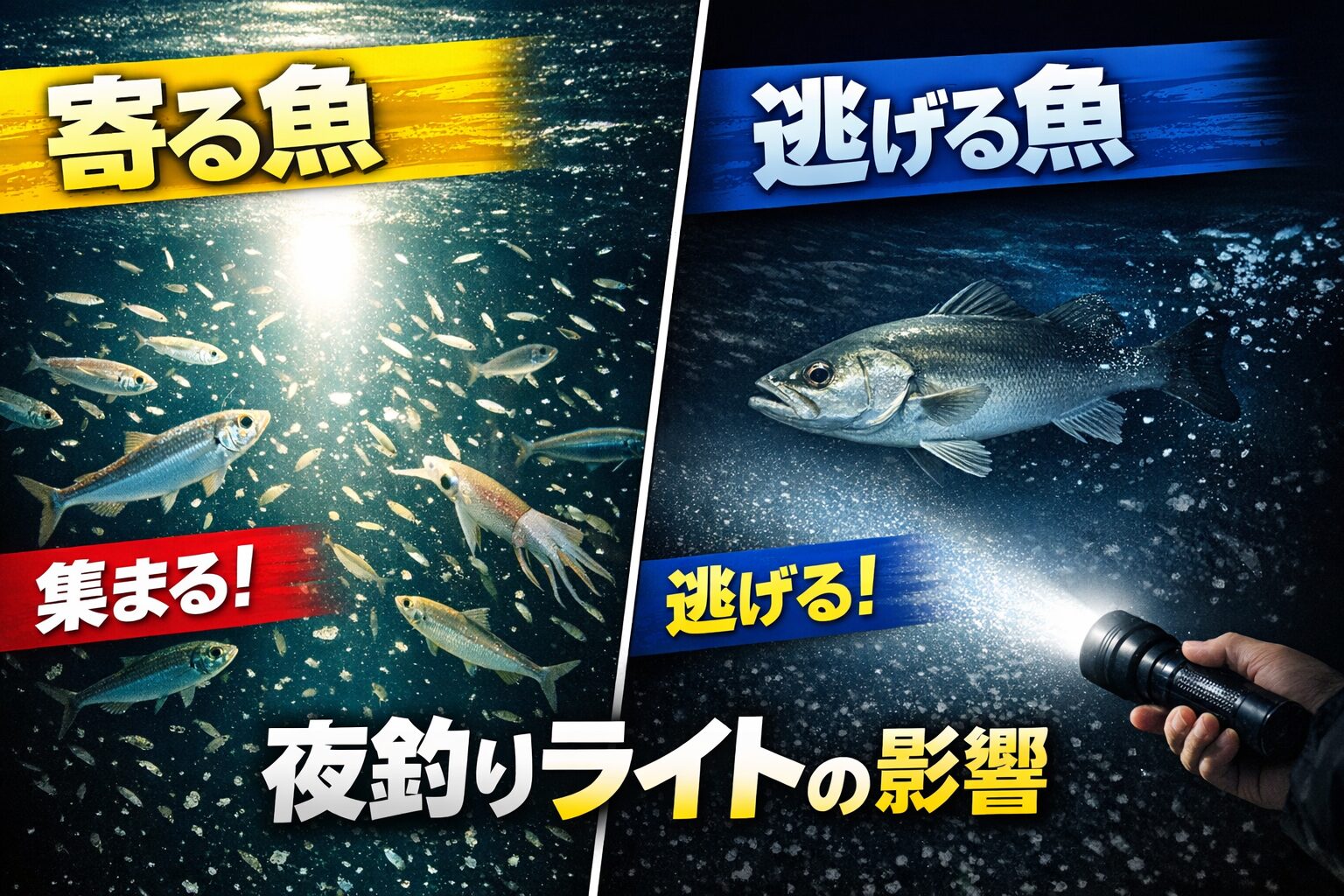 夜釣りのライトで集まる魚は、光の先にあるエサを追う魚。逃げる魚は、 暗さそのものを武器にしている魚、または急な光を危険と感じる警戒心の強い魚。釣太郎