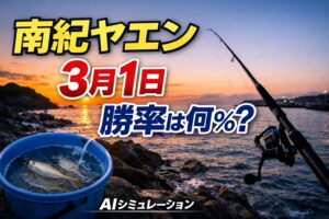 本日 3月1日（日）に南紀（和歌山県南部）でヤエン釣りをした場合の勝率・ポイント・時間帯 を、AIシュミレーション＋現実データで徹底予想します。釣太郎