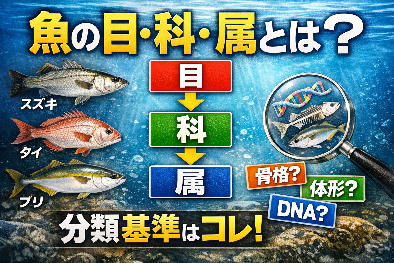 魚は目、科、属という分類で整理されています。 これは骨格、体形、生態、DNAなどを基準に決められています。釣太郎