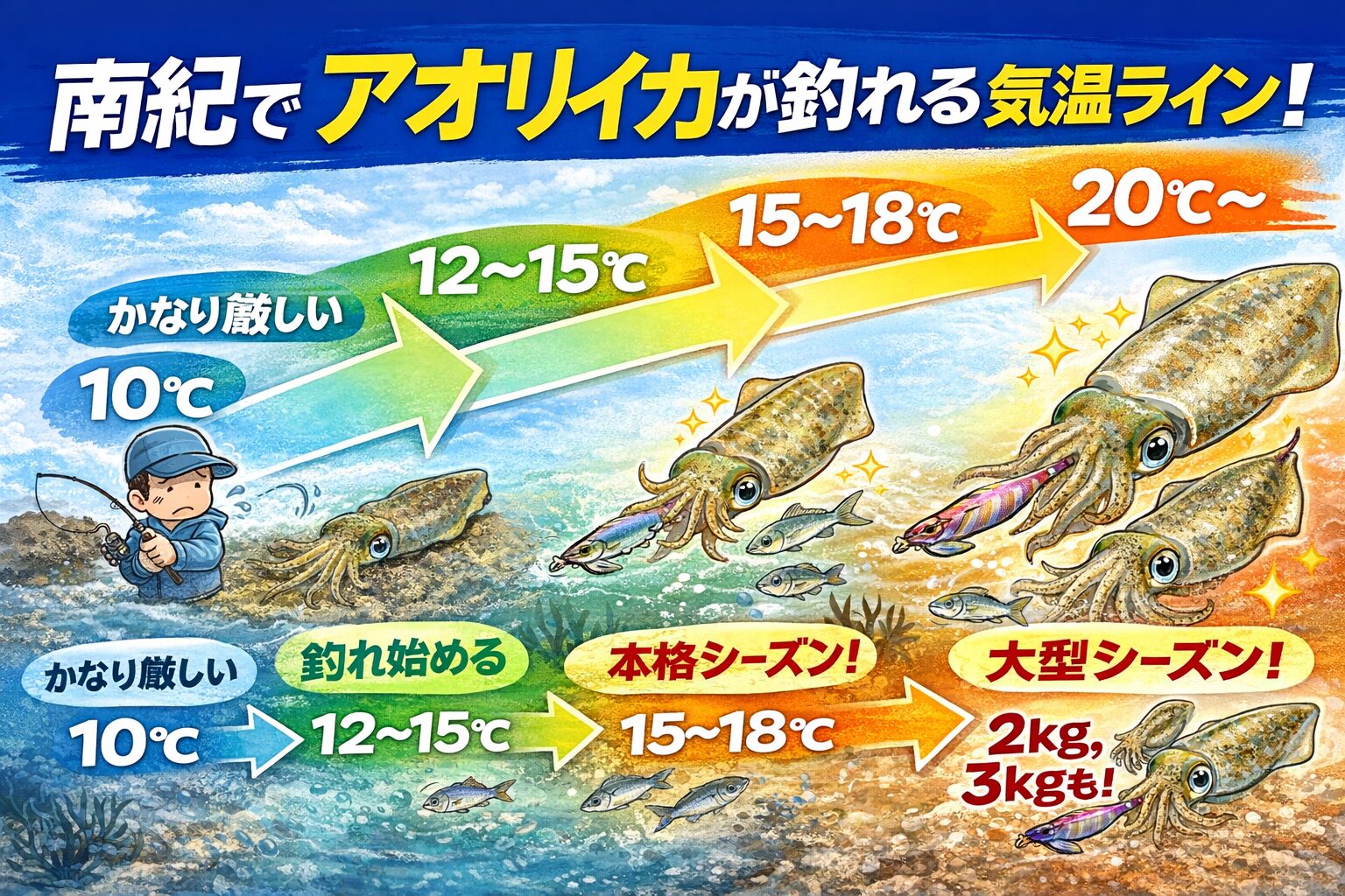 南紀でアオリイカが釣れ始める気温ラインは気温12℃〜15℃。そして気温15℃以上になると釣果は一気に増えます。釣太郎