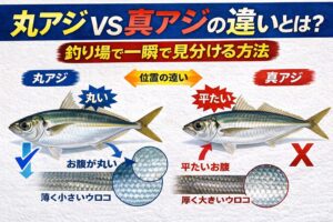 サビキ釣入門。マルアジ ・大群・高速遊泳・回遊性強い。マアジ・中小群れ・ややゆったり・定住性強い。釣太郎