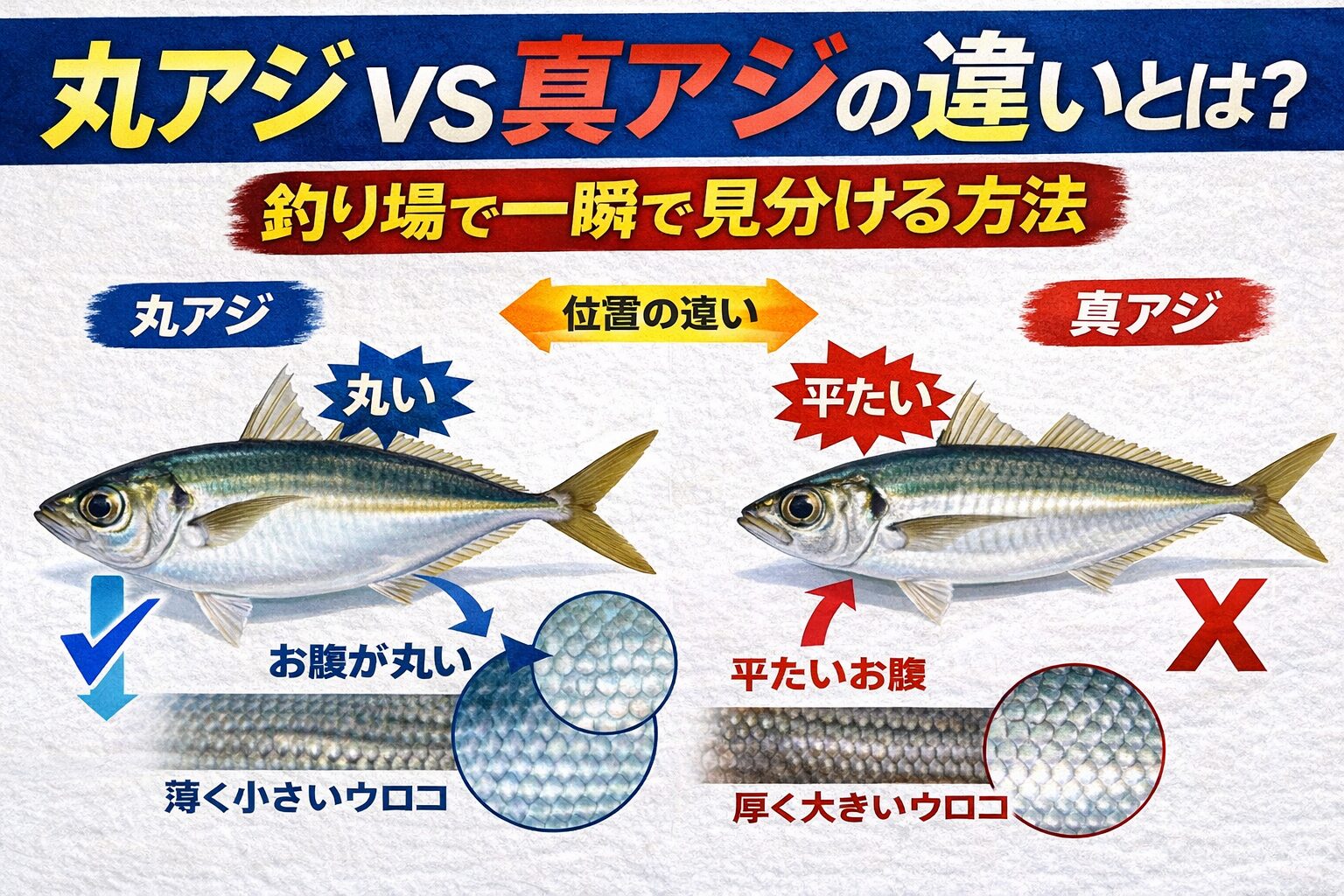 サビキ釣入門。マルアジ ・大群・高速遊泳・回遊性強い。マアジ・中小群れ・ややゆったり・定住性強い。釣太郎