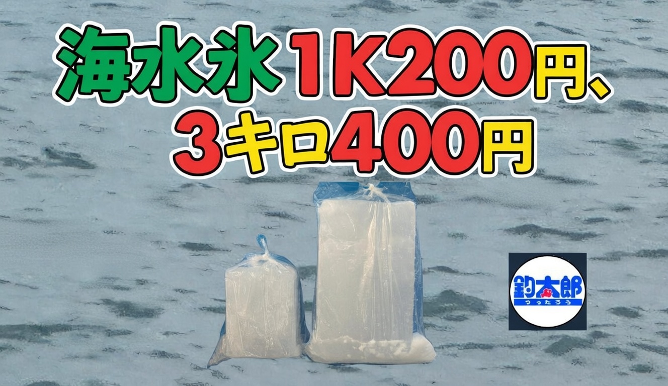 【釣太郎 海水氷 価格表】小サイズ：約1kg（1.2kg前後）　200円。大サイズ：約3kg（3〜3.5kg程度）　400円