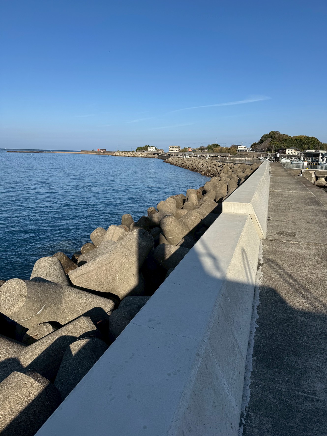 みなべ堺堤防の沖側は青物、アオリイカ、マダイ、コロダイ等狙えるが、テトラポッドに乗る時は細心の注意が必要。釣太郎