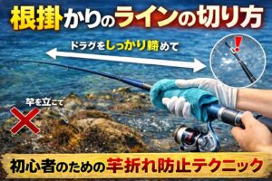 根掛かりしたら、竿で勝負しない。ドラグを締める。竿は真っすぐ水平にする。ゆっくり引いて、 ラインを切る。これが基本です。釣太郎
