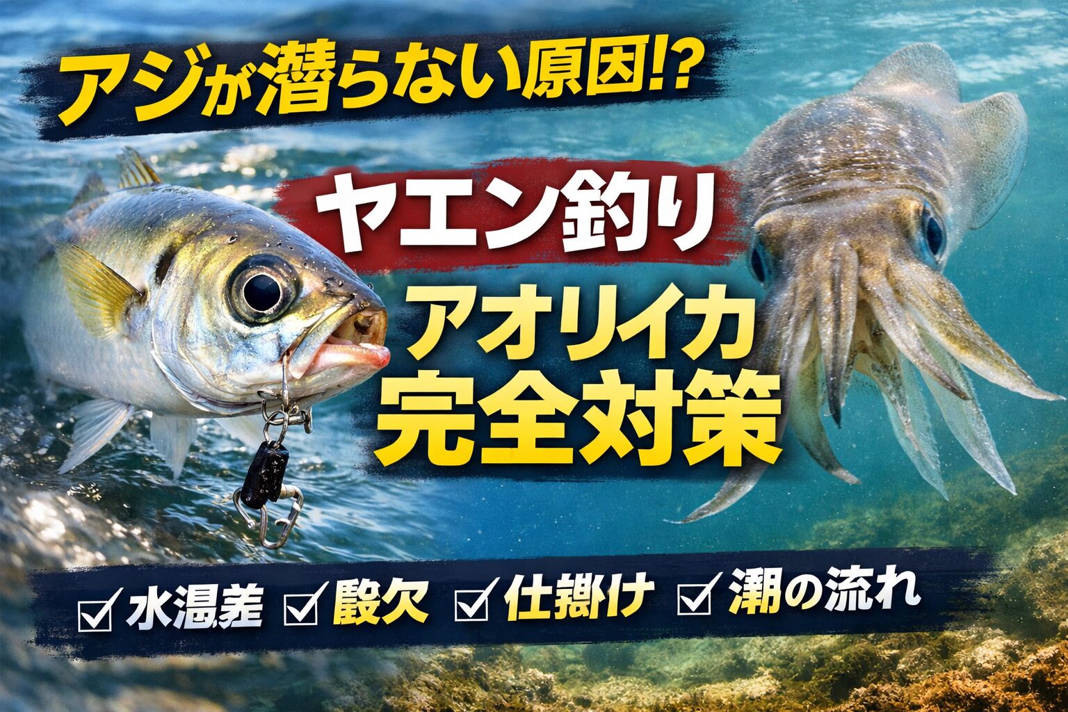 アジが潜らない原因は、水温差・酸欠・潮・仕掛け・付け方の5つ。このどれかがズレると、一気に釣れなくなります。アオリイカヤエン釣り入門。釣太郎