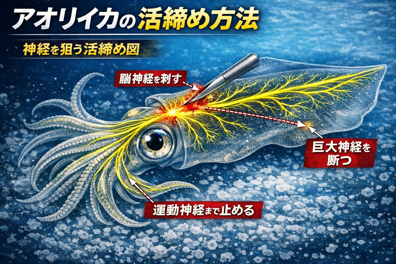 アオリイカの活締めは、頭部に集中する神経中枢を素早く止め、全身へ走る神経の興奮を断つ作業。構造を理解して行うと、暴れが減り、鮮度保持と食味の両方で差が出ます。釣太郎