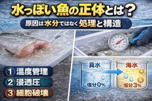 水っぽい魚の正体は水分量ではなく・ドリップ ・浸透圧・細胞破壊。 この3つです。釣太郎