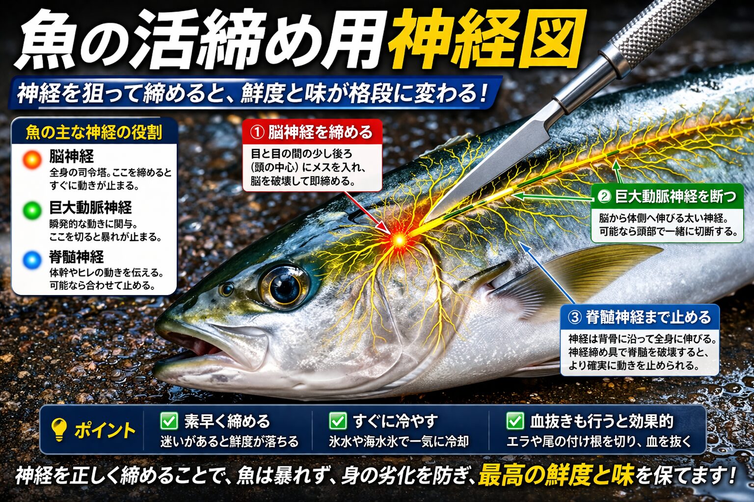 魚の活締めは脳を刺して神経中枢を止める。血抜きを行う。必要に応じて神経締めをする。すぐに冷却する。この流れが基本で。釣太郎