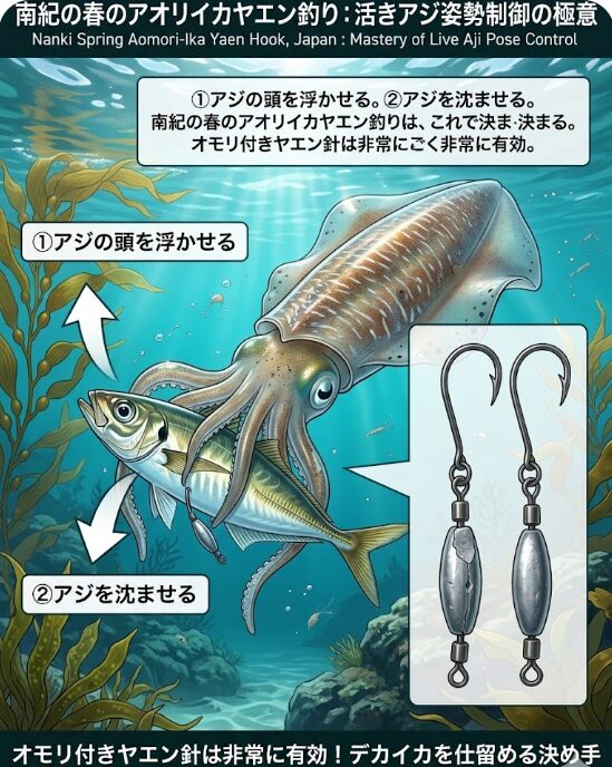 ①アジの頭を浮かせる。②アジを沈ませる。南紀の春のアオリイカヤエン釣りは、これで決まる。オモリ付きヤエン針は非常に有効。釣太郎