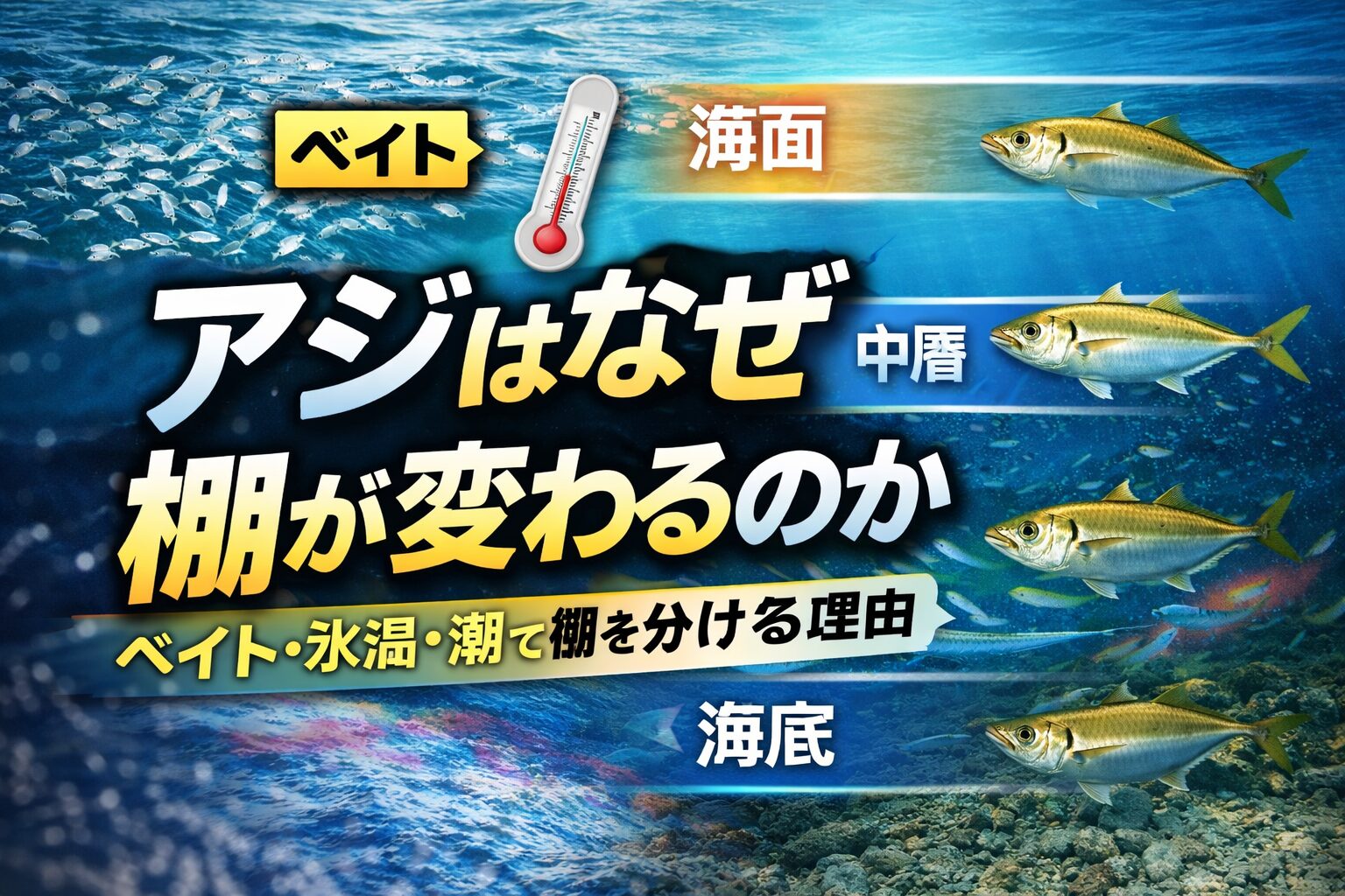 アジはベイト、水温、潮の3条件で棚を変える魚。だから釣れない時は、魚がいないと決めつける前に、海面、中層、海底を丁寧に探ることが大切です。釣太郎
