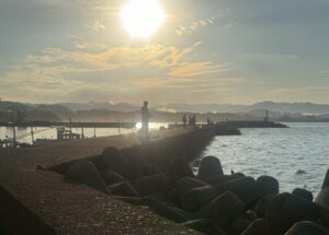 春の日光は特別心地よい。特に海辺は最高。寝そべっている釣り人は多いが、見ているだけで心地よさそうに見える。釣太郎