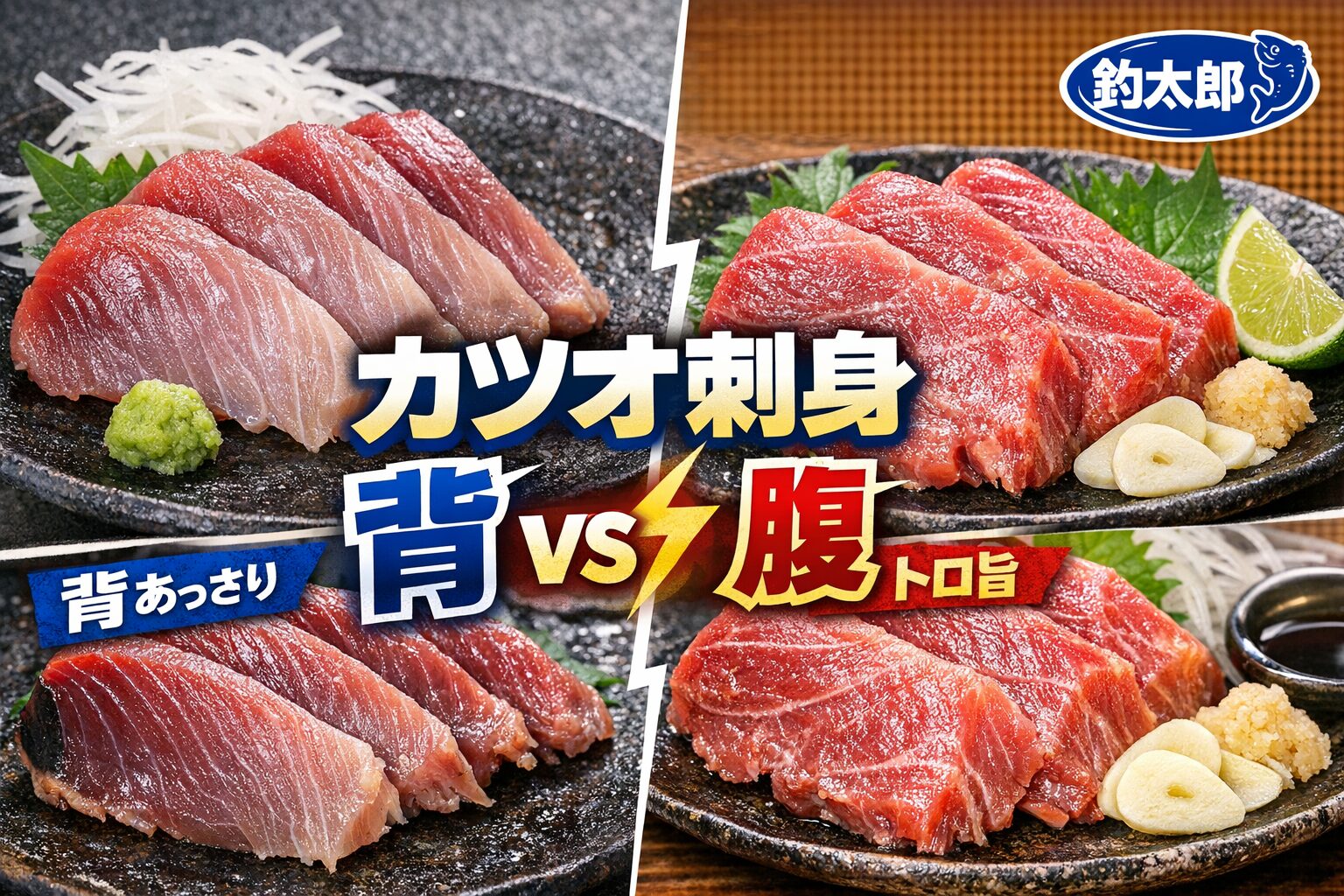 カツオの腹身（腹側） 特徴。脂が乗っていて濃厚な味。とろけるような食感。血合いが多く、色は濃いめ。鮮度によっては臭みが出やすい。背身は特徴脂が少なく、あっさりした味わい。筋繊維が細かく、しっとりした食感。釣太郎