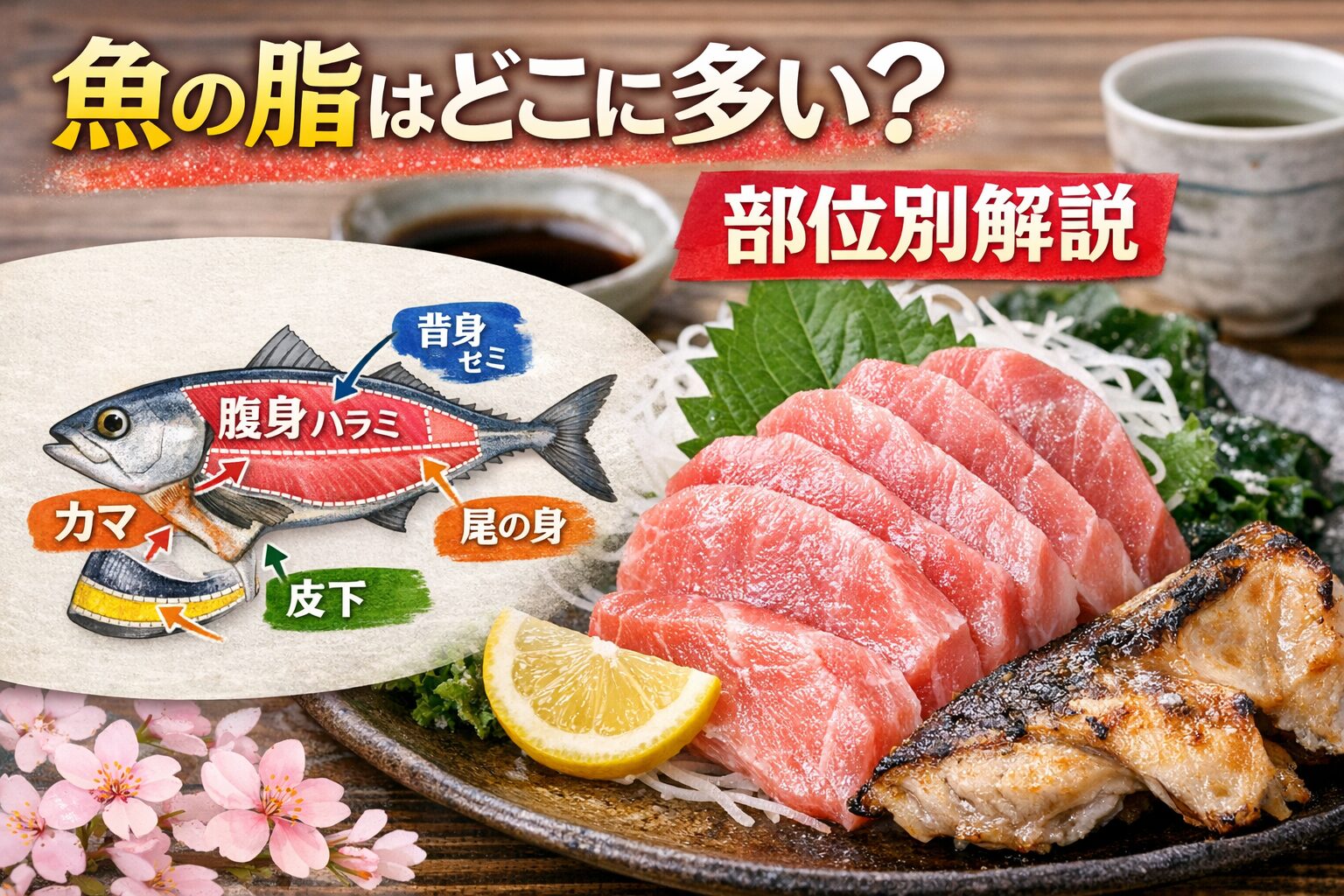 魚の脂は「種類」だけでなく「部位」で大きく変わります。 脂の多い部位は旨味も栄養価も高く、美容や健康にも効果的。釣太郎