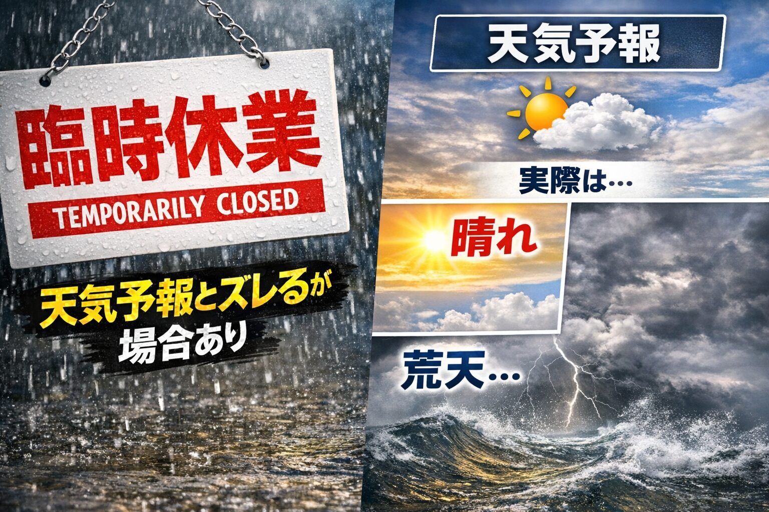 天気予報は短時間で変わる。実際の天気とズレることがある。安全のため予報段階で休業判断する場合がある。予約時は当店から連絡を入れ、3回不通時はキャンセル扱い。釣太郎
