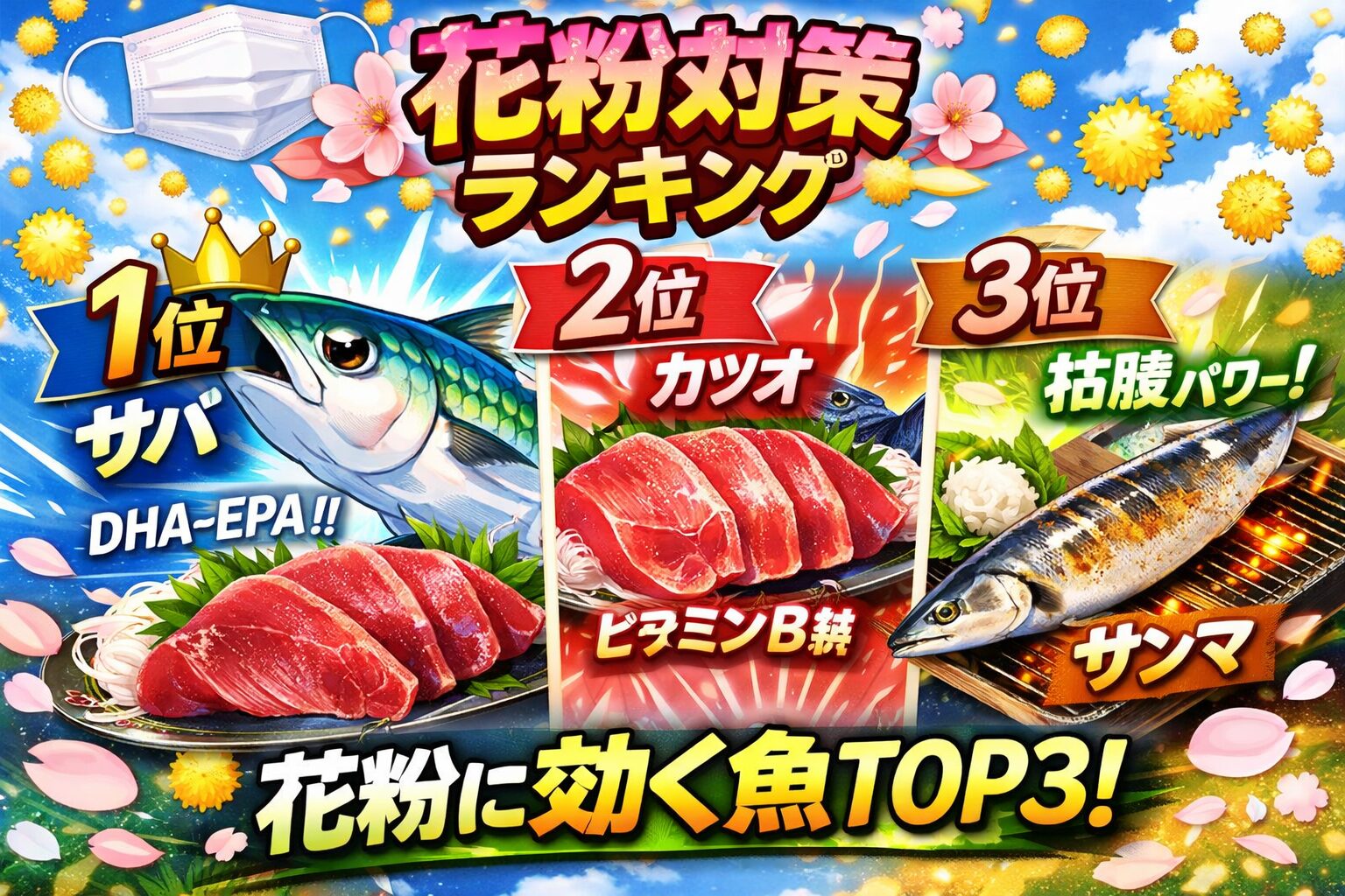 魚は“天然の抗アレルギー食材”花粉症対策には、炎症を抑える青魚（サバ・イワシ）免疫を整える赤身魚（カツオ・マグロ）粘膜を守る脂質魚（サンマ）釣太郎