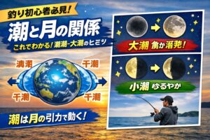 潮は月の引力で動く。満潮・干潮は約6時間ごとに繰り返す。新月・満月の頃は大潮で魚が活発。 小潮は穏やかで初心者にも安全に釣りやすい。釣太郎