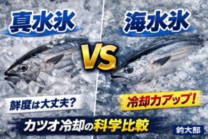 真水氷は“冷やす”だけ、潮氷は“守りながら冷やす”。 科学的に見ても、潮氷はカツオの細胞構造を保ち、味を最大化する。釣太郎