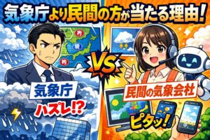 民間のほうが天気予報が当たる理由。観測点が10倍以上で“今の空”を正確に把握できる。世界中のモデル＋AIで最適化された予報を作れる。随時更新で最新情報を反映できる。釣太郎