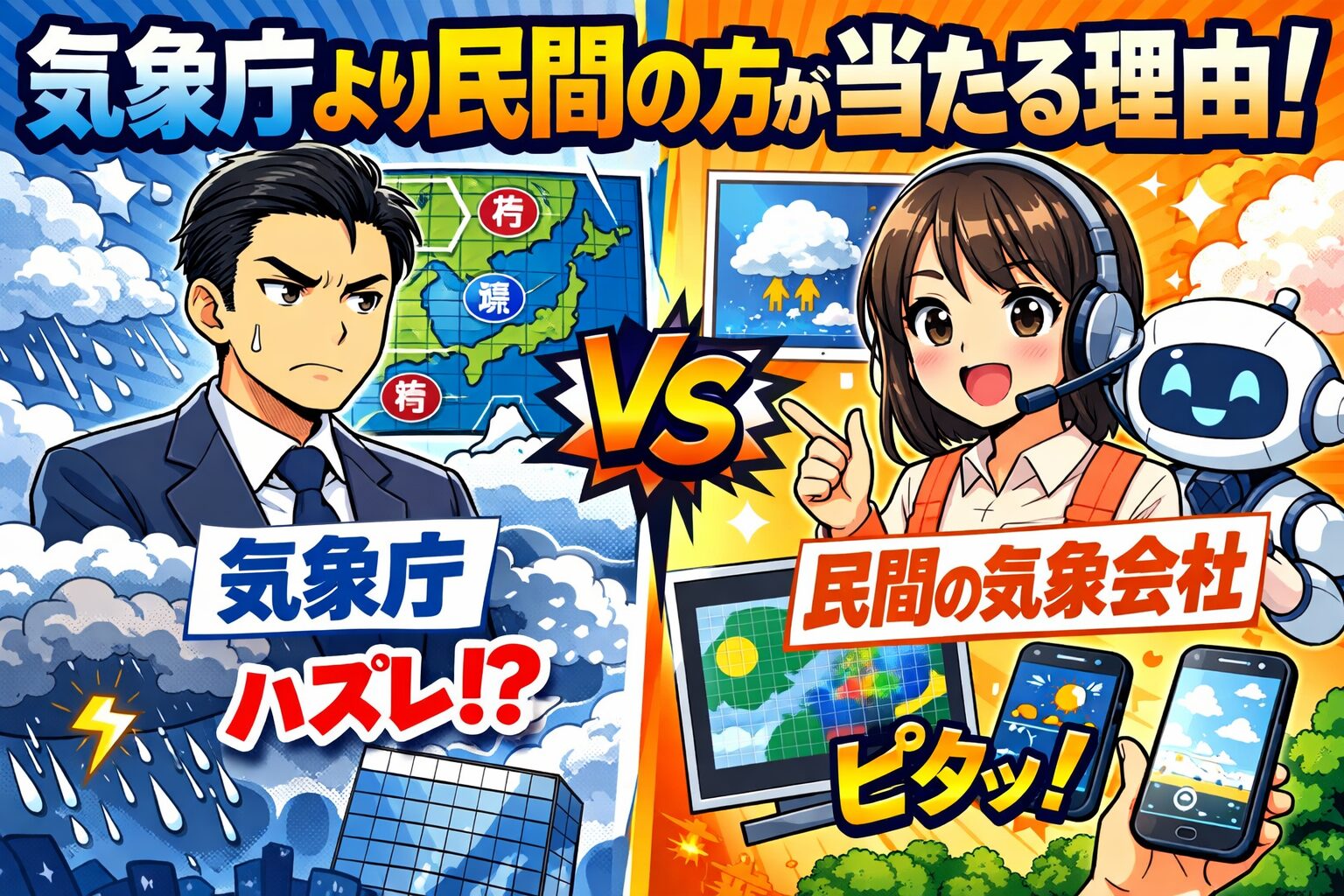 民間のほうが天気予報が当たる理由。観測点が10倍以上で“今の空”を正確に把握できる。世界中のモデル＋AIで最適化された予報を作れる。随時更新で最新情報を反映できる。釣太郎