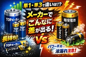 乾電池は「同じ単1・単3サイズ」でも、一流メーカー品と激安品では“パワー（電圧の安定性）”も“持ち（容量）”も明確に違う。釣太郎