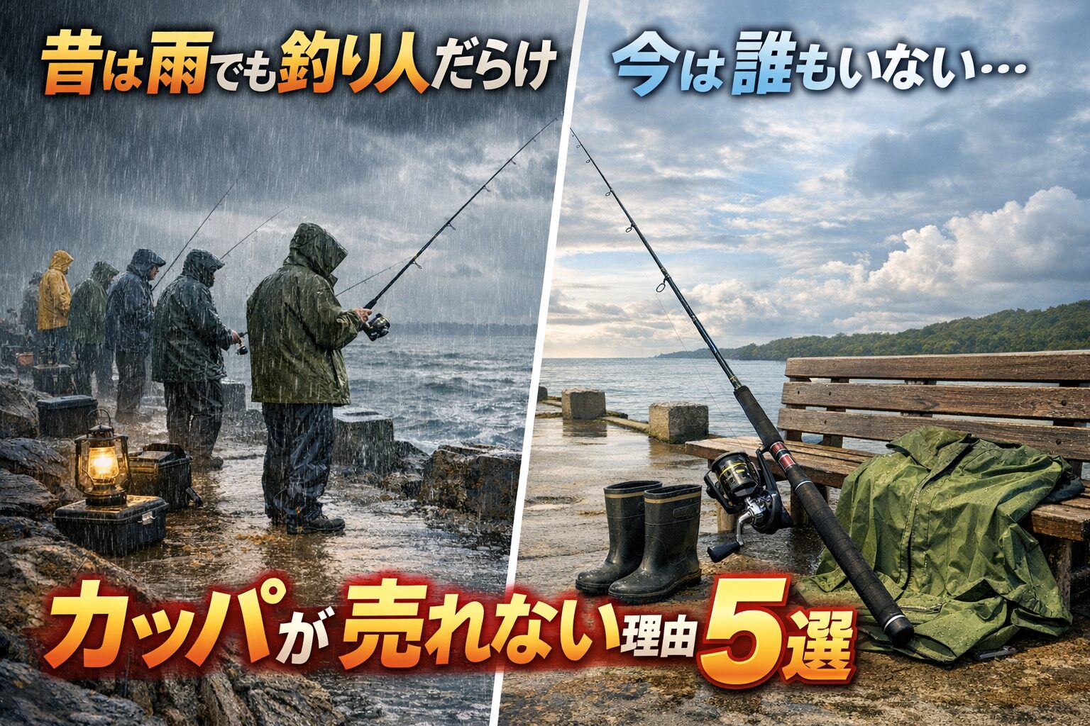 昔は雨でも釣り人が多く、カッパは売れ筋商品だった。しかし現代は、 レジャーの多様化、高価なタックル保護、気象情報の精度向上。これらの理由により、雨＝釣り人ゼロ、カッパは売れない時代。釣太郎