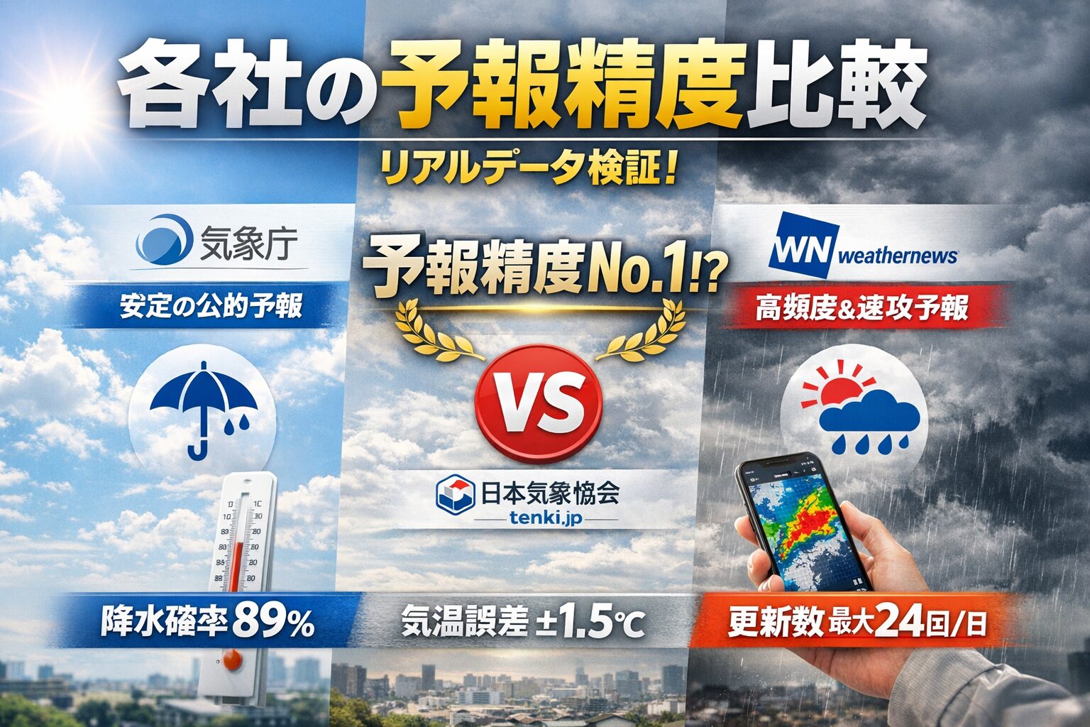 気象庁：安定性と信頼性が高い。長期計画向き。 日本気象協会：精度・頻度ともに高く、バランス型。ウェザーニュース：即時性と局地対応力が強い。短期行動向き。釣太郎