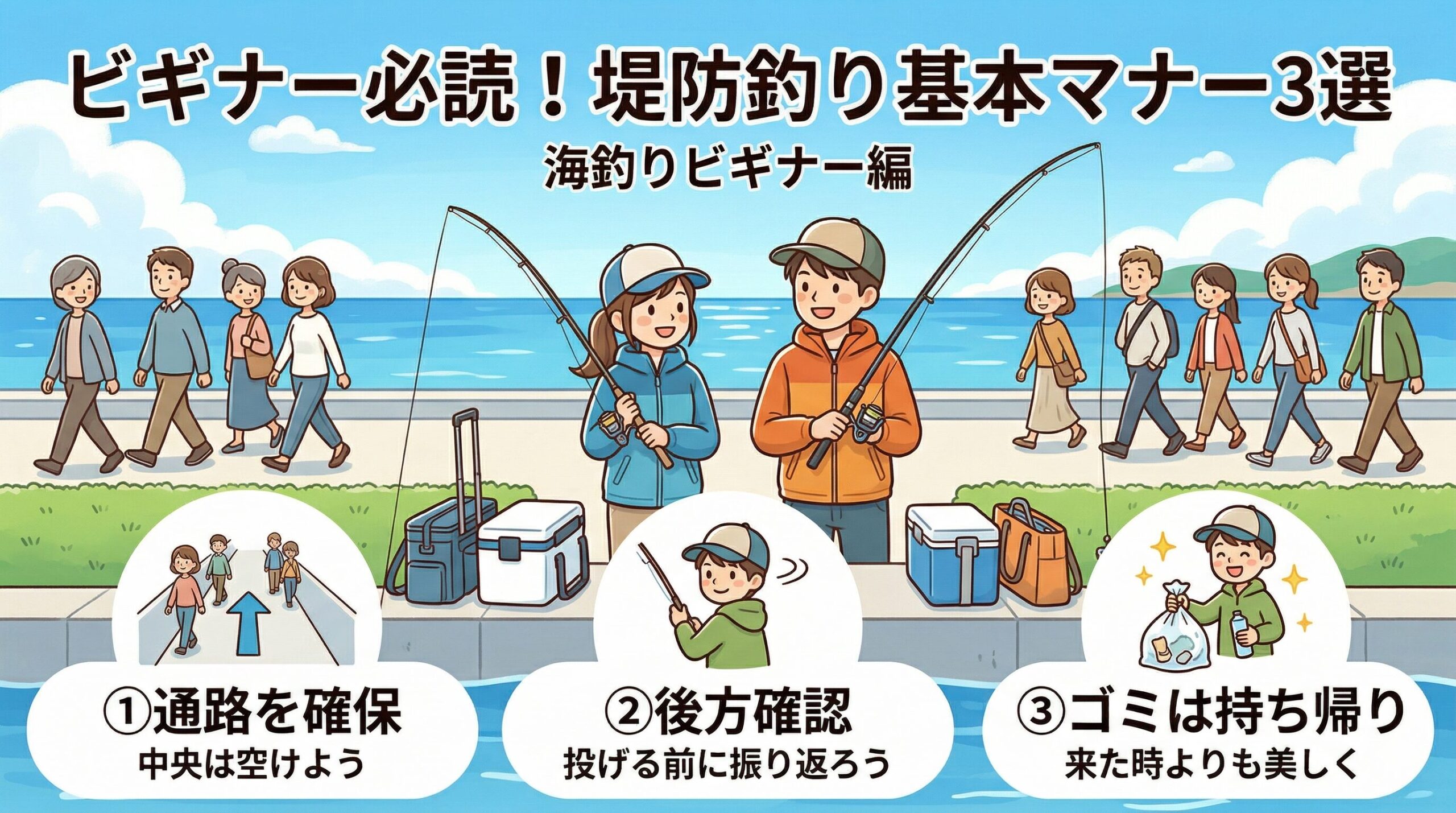 堤防釣りマナー。通路を確保！堤防の中央は必ず空けておく。キャスト（遠投）前は、必ず「後ろを振り返って」確認 。自分のゴミは「必ず持って帰る」釣太郎
