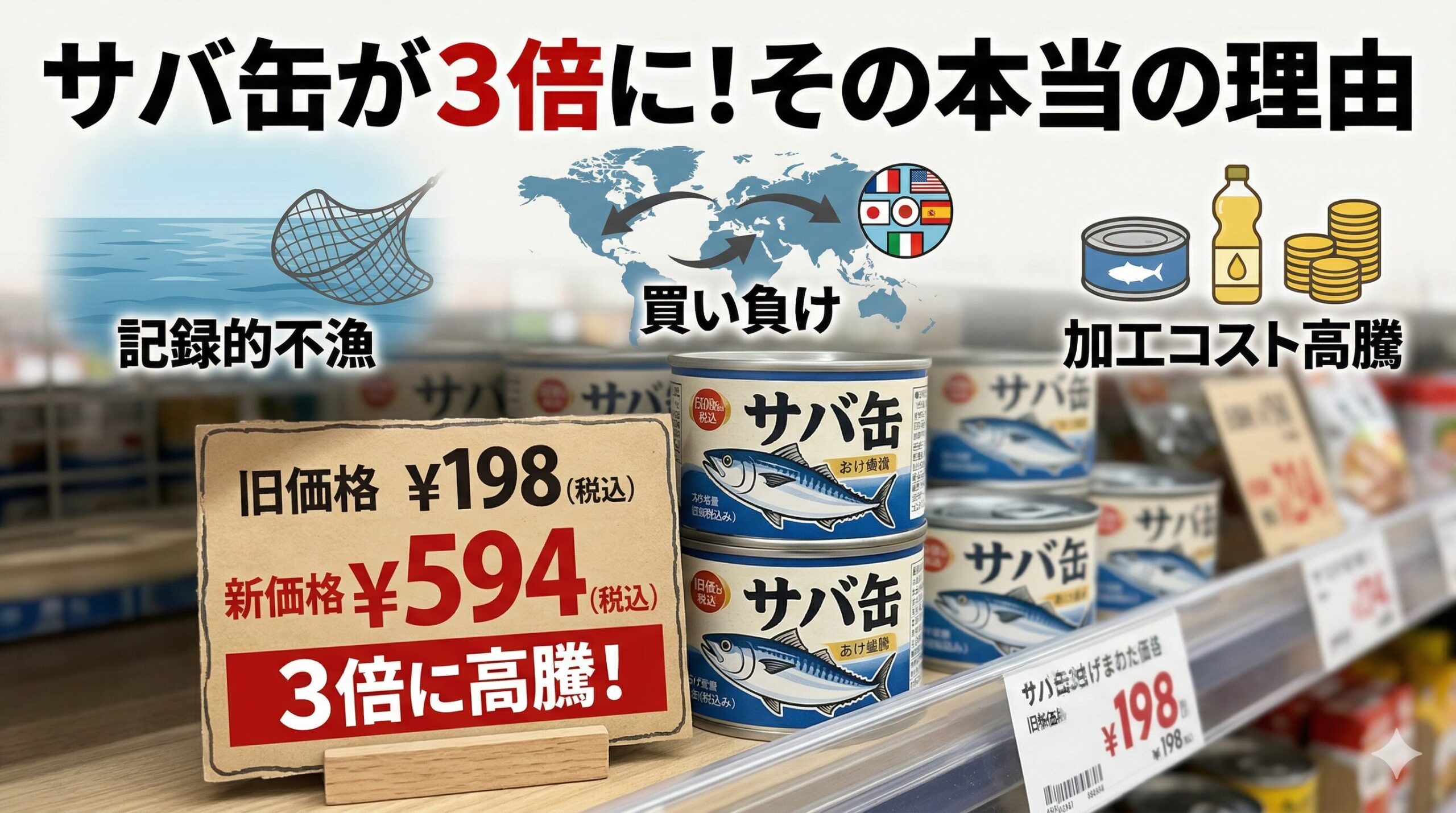 サバ缶の値上げは単なる一時的なものではなく、地球環境や世界経済の大きなうねりが複雑に絡み合った結果。釣太郎