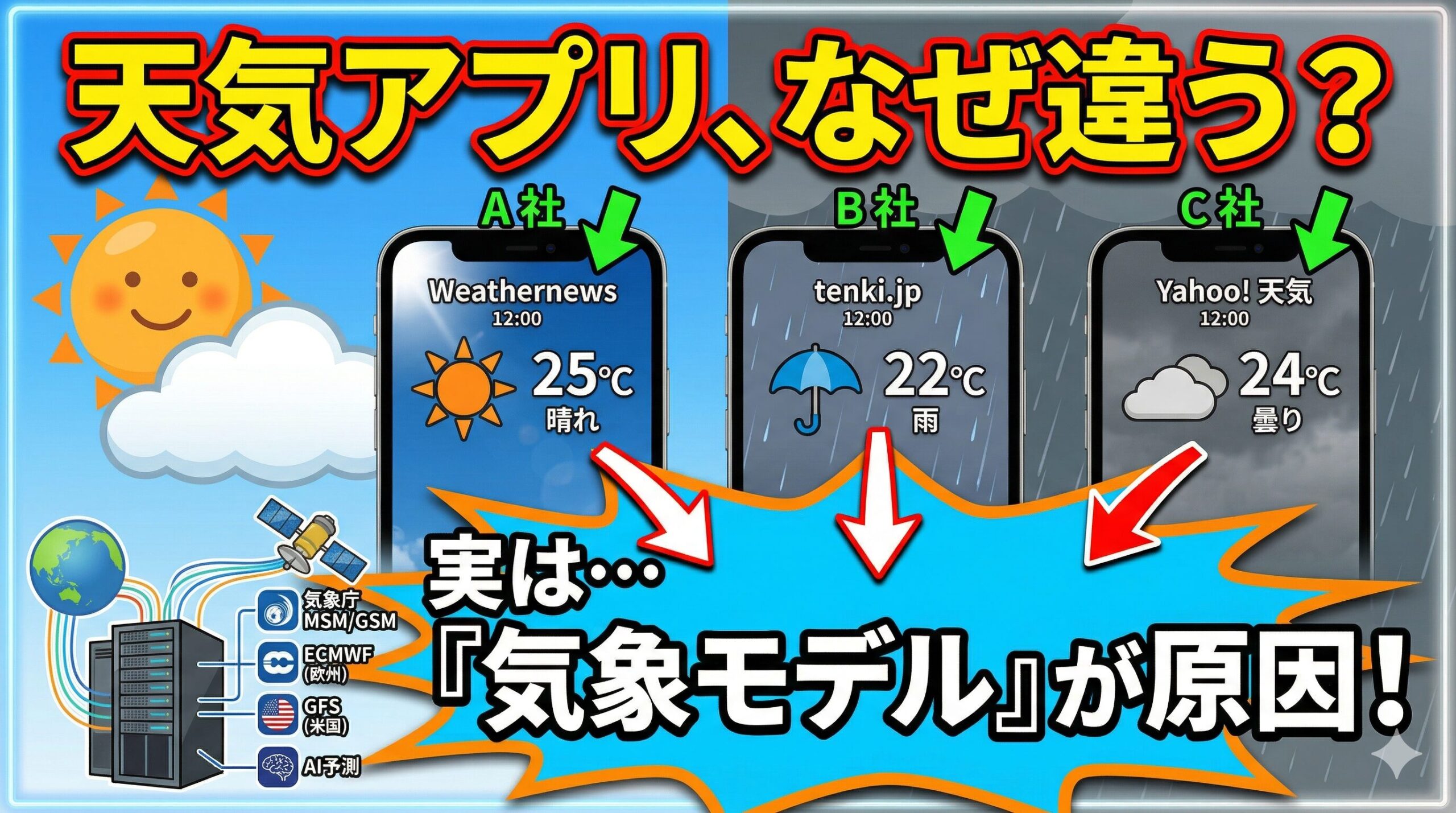 天気予報がアプリごとに違うのは、 気象モデル・更新頻度・独自補正が異なるため。釣太郎