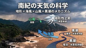 南紀の天気は海風や山風、険しい地形、そして黒潮という複数の要素が複雑に絡み合って形成されています。釣太郎