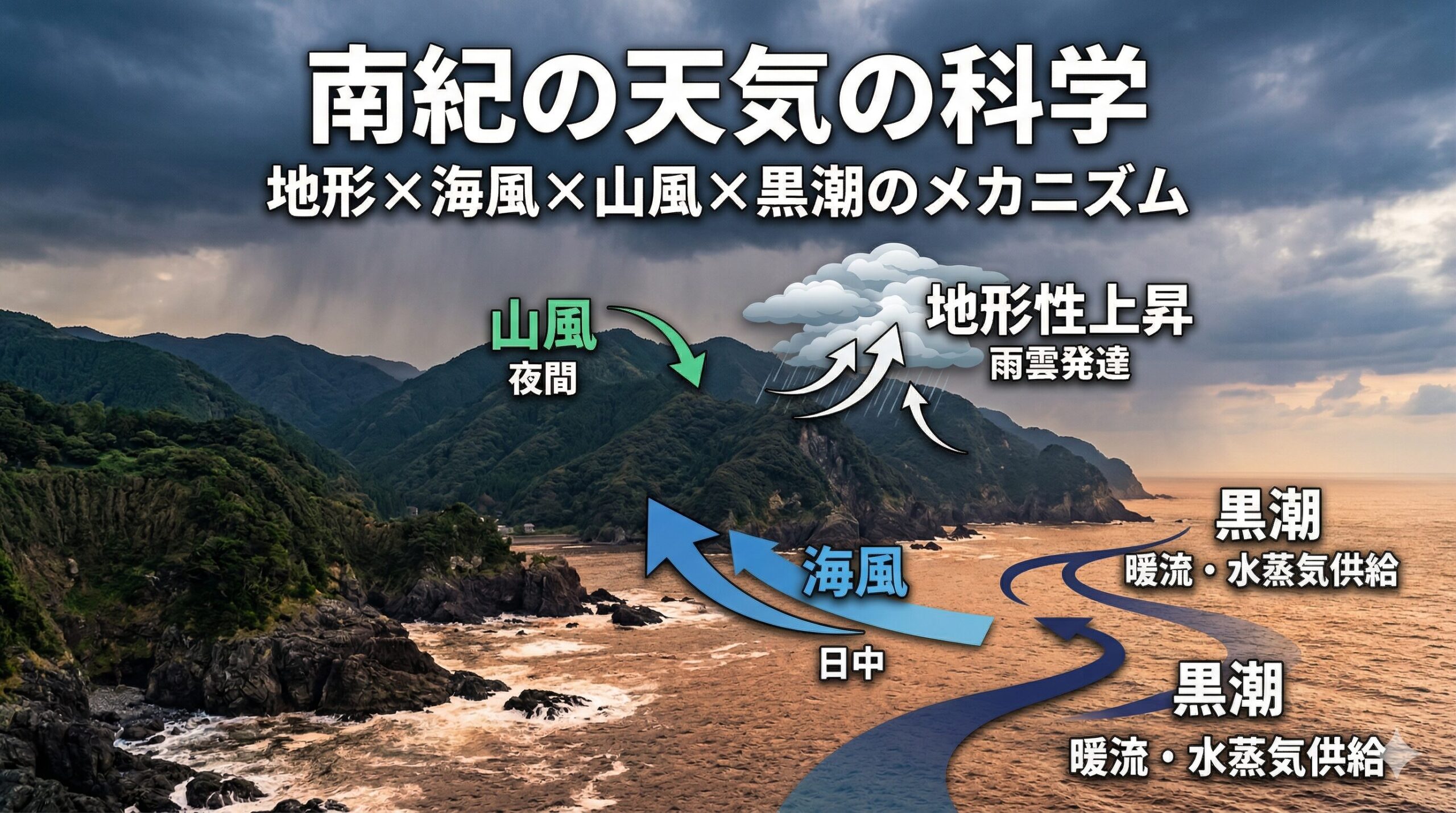 南紀の天気は海風や山風、険しい地形、そして黒潮という複数の要素が複雑に絡み合って形成されています。釣太郎