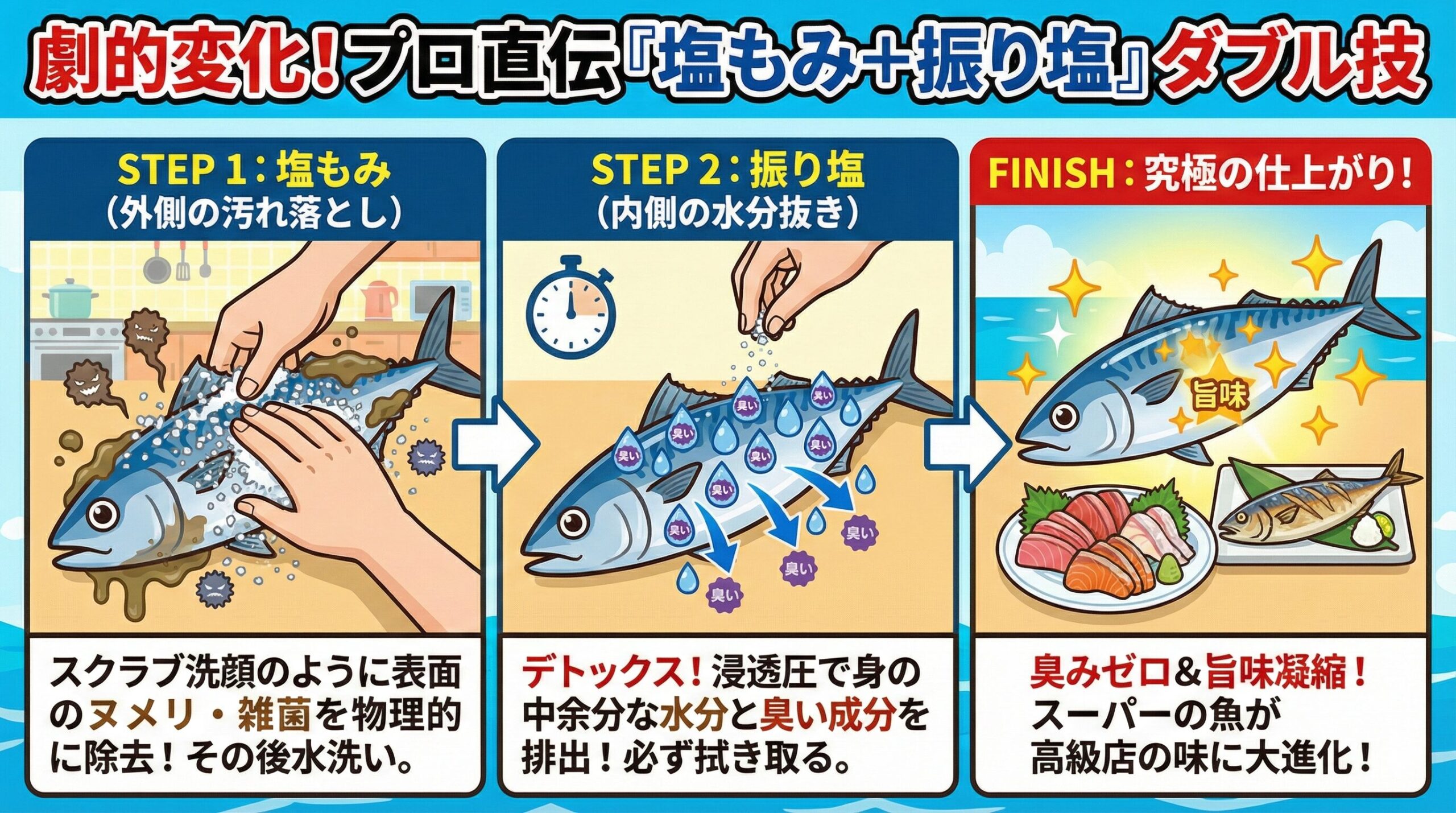 「塩もみ」と「振り塩」は、似て非なるもの。面倒に感じるかもしれませんが、この一手間を加えるだけで、魚料理の仕上がりは別次元になります。釣太郎