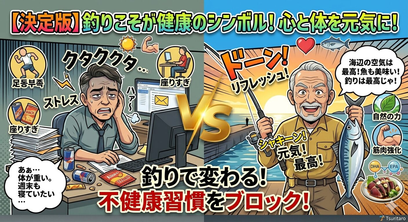 釣りは健康のシンボル。釣りに行っていううちに健康になりやすい。釣太郎