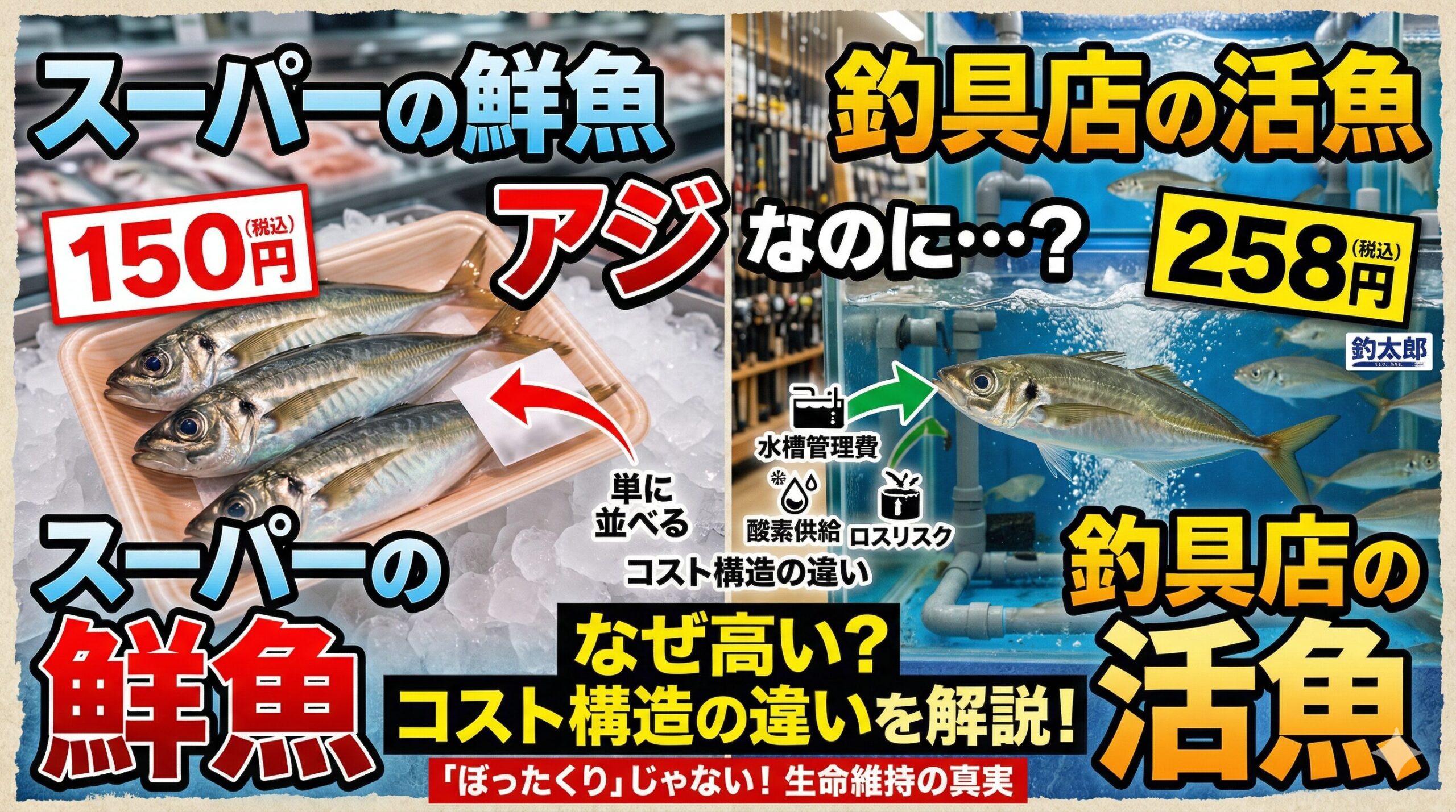 魚の値段は「大きさ」だけで決まるわけではなく、「鮮魚」か「活魚」かでコスト構造が根本から変わる。釣太郎