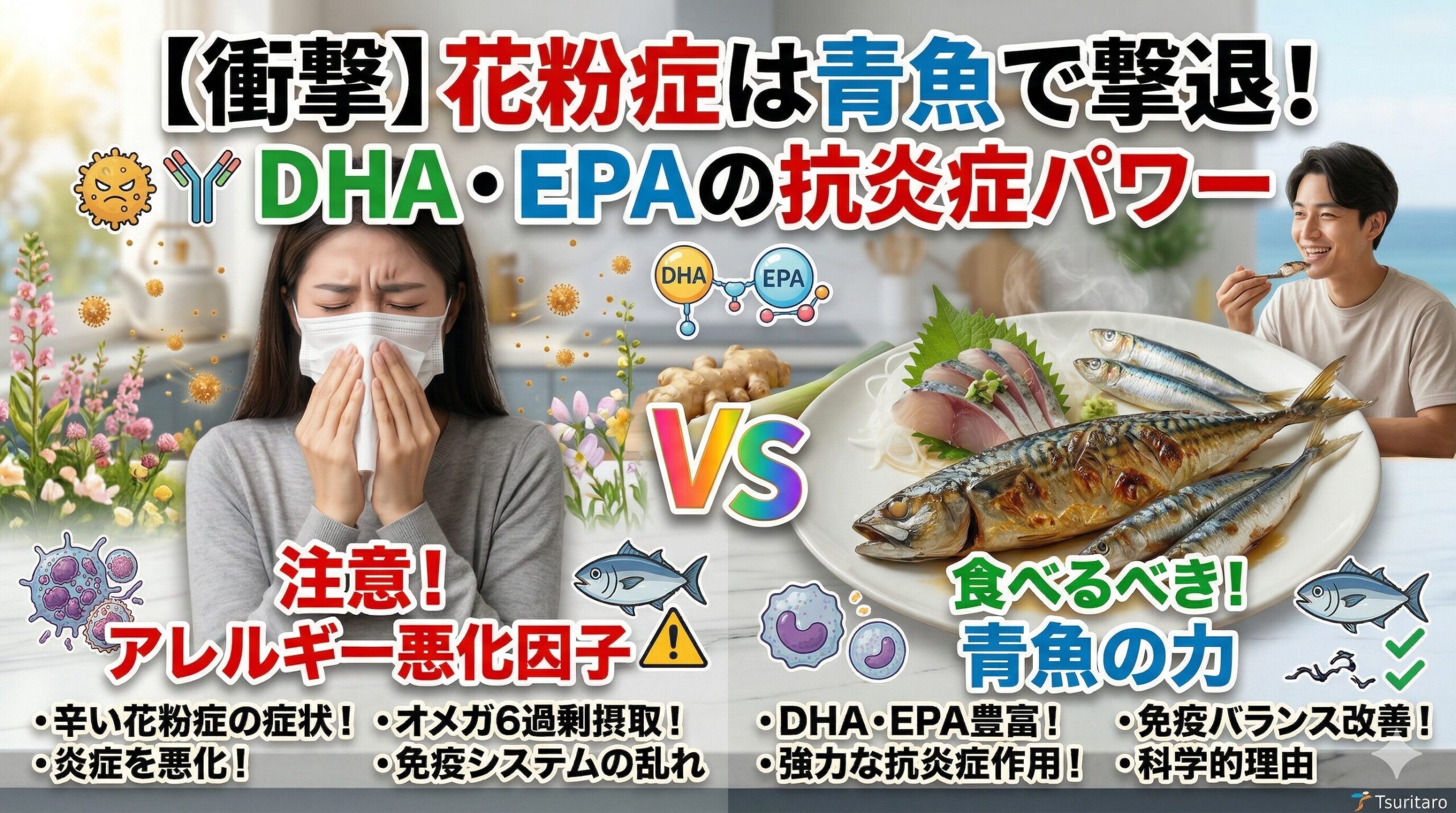 サバやイワシなどの青魚に含まれるDHAとEPAが持つ、驚きの抗炎症作用がある。釣太郎