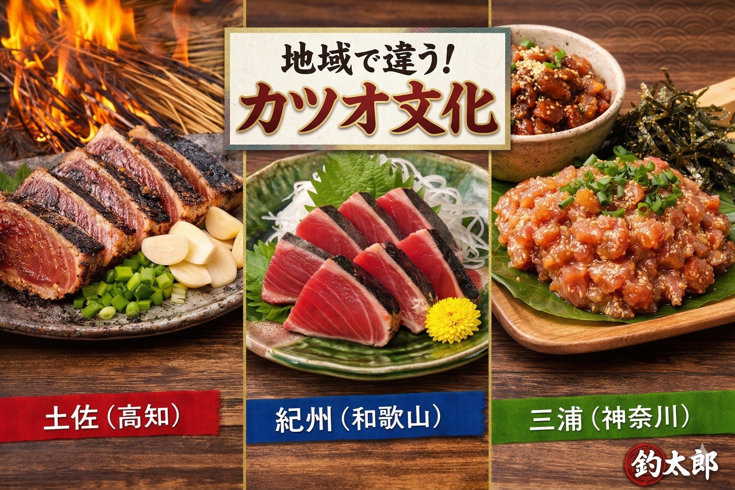 3地域のカツオ料理を横並びにした比較。土佐＝藁焼き、紀州＝刺身、三浦＝漬け。釣太郎