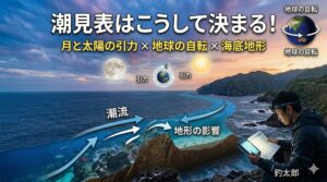 潮見表は、月と太陽の引力、地球の自転 、海底地形 で決まる潮汐を数値化したもの。釣太郎