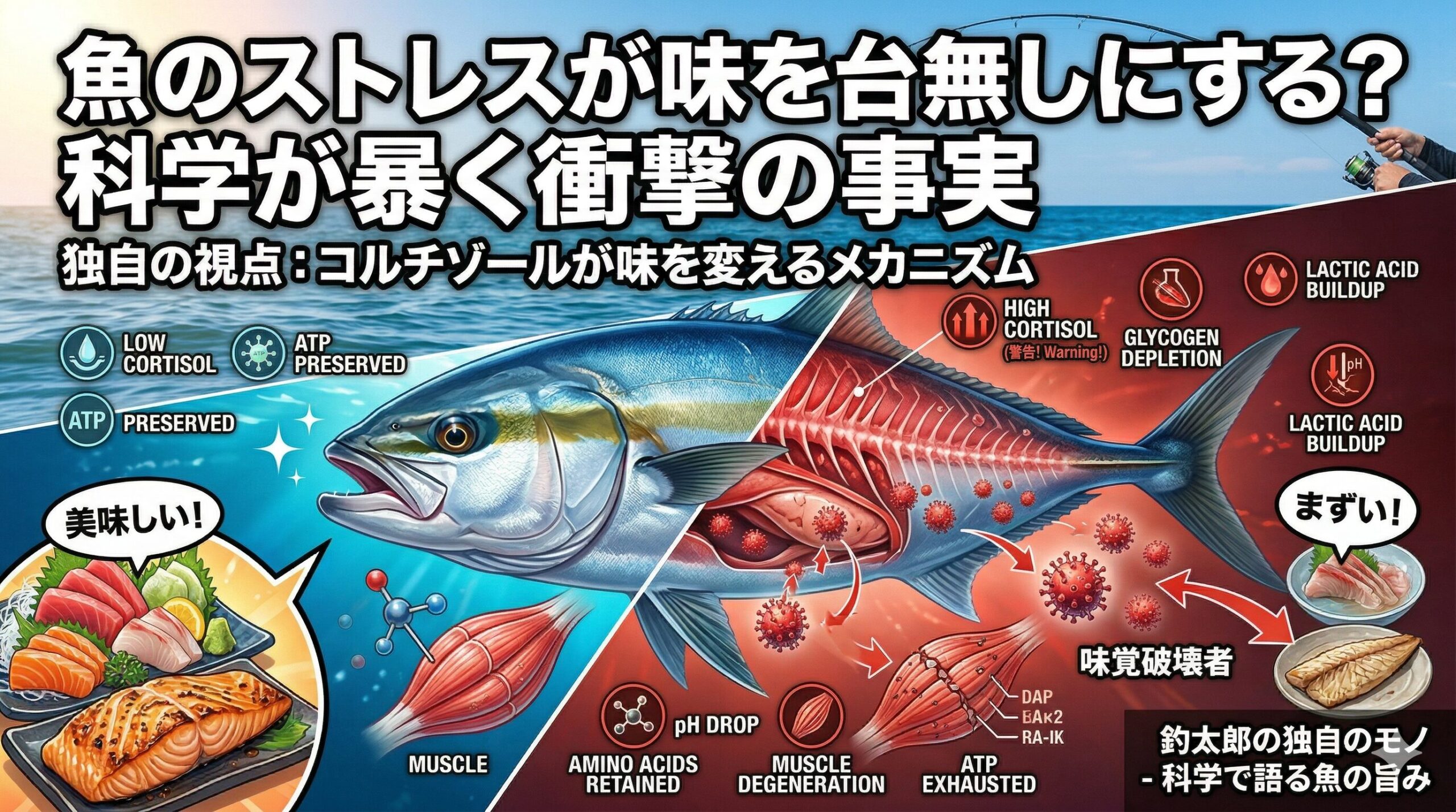 魚の味は「釣った後」で決まる。ストレスホルモンが出ると→乳酸が増える→身が劣化する。逆に ストレスを抑えて処理すれば→旨味が最大化。これは釣り人だけがコントロールできる部分。釣太郎
