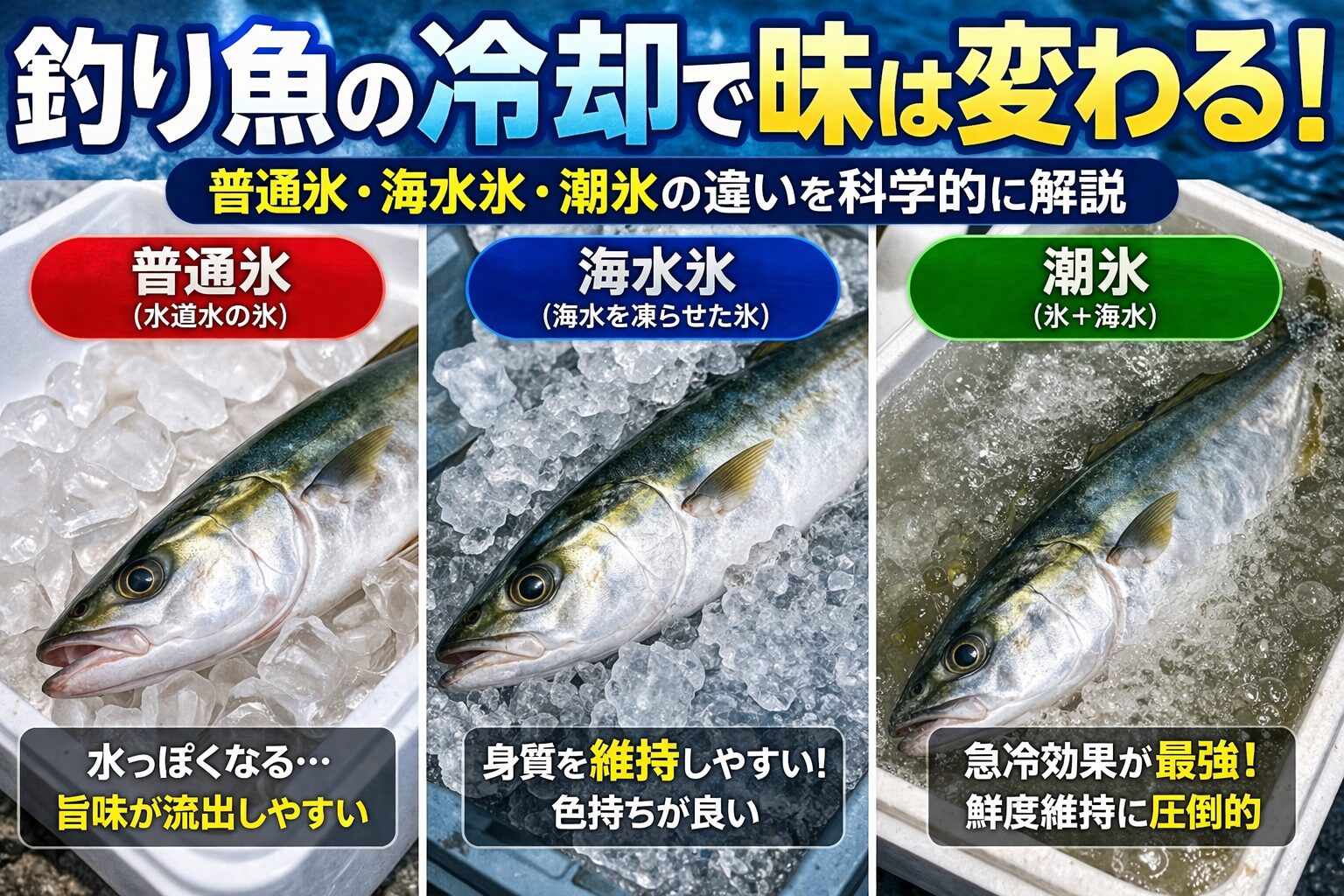 釣り魚の冷却、普通氷は水っぽくなりやすく、海水氷は身質維持に優れ、潮氷は急冷性能が圧倒的。釣太郎