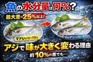 魚の水分量は70〜80％が基本。最大差は約25％。 マアジとマルアジは10％前後の差でも脂・構造・劣化速度の違いで体感は大きく変わる。釣太郎