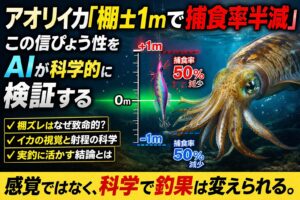アオリイカは確かに棚にシビア。特に低活性時は、1mのズレが致命的になる。だから釣れる人は、細かく棚を調整する。釣太郎