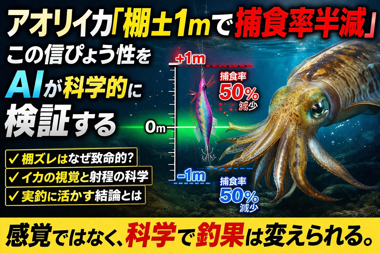 アオリイカは確かに棚にシビア。特に低活性時は、1mのズレが致命的になる。だから釣れる人は、細かく棚を調整する。釣太郎