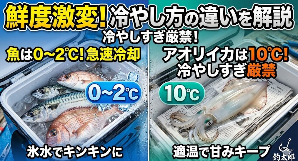 アオリイカの最適な冷却温度10度。魚は0～2度。釣太郎